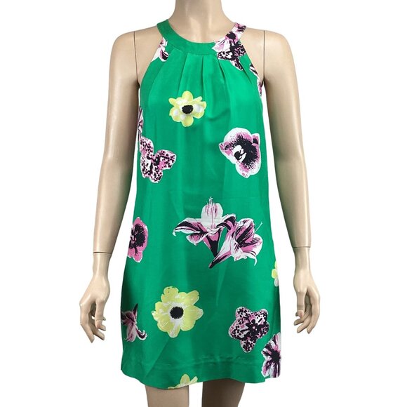 J.‎ Crew Green Floral Silk Dress Size 0 Shift Dress Halter Swoop Sleeveless - Picture 1 of 9